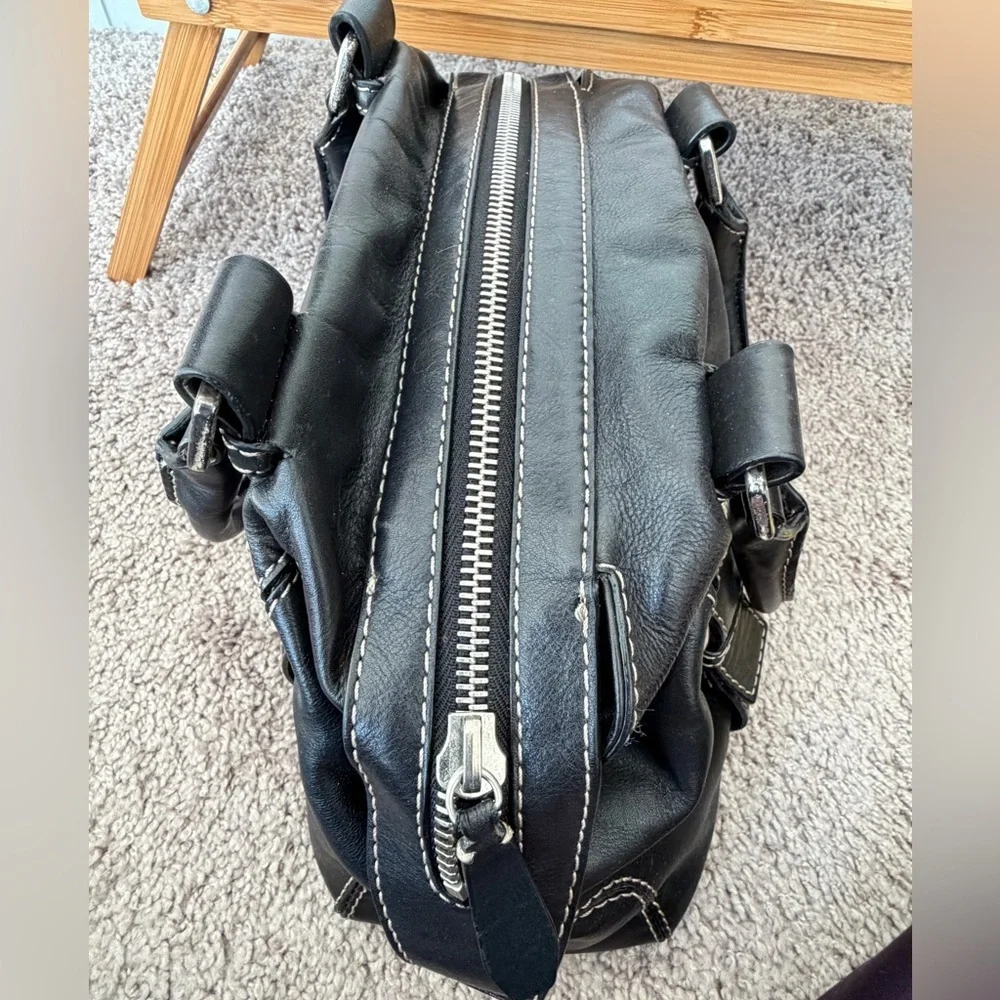 Y2K 90’s Michael Kors Satchel Black Leather Stitched Silver Distressed Bikercore